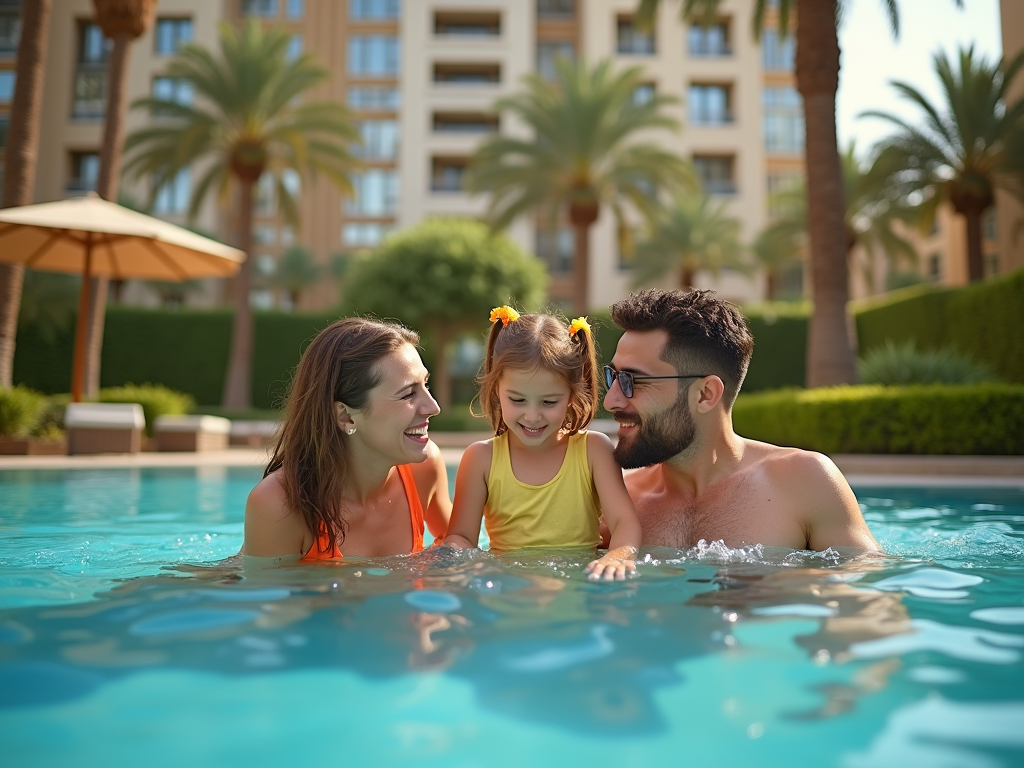 Family enjoying time together in a pool with palm trees and a hotel in the background.