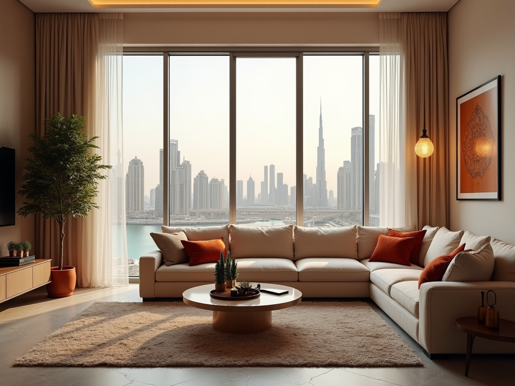 Modern living room with large windows showing city skyline, plush sofa, and warm decor.