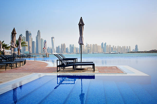 Rooftop pool with lounge chairs offering a panoramic view of Dubai's skyline, highlighting modern utility infrastructure.