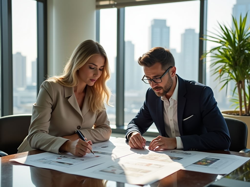 Two professionals, a man and a woman, review documents at a table with a cityscape background.