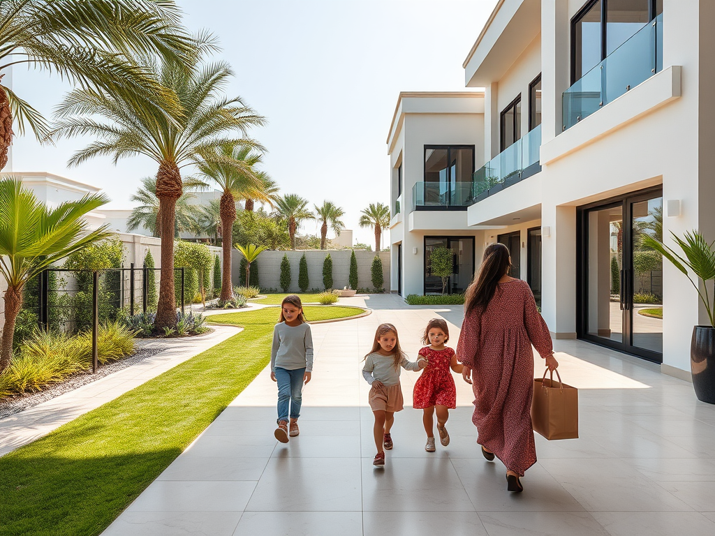 A woman and three girls walk through a sunny, landscaped courtyard with palm trees and modern houses in the background.