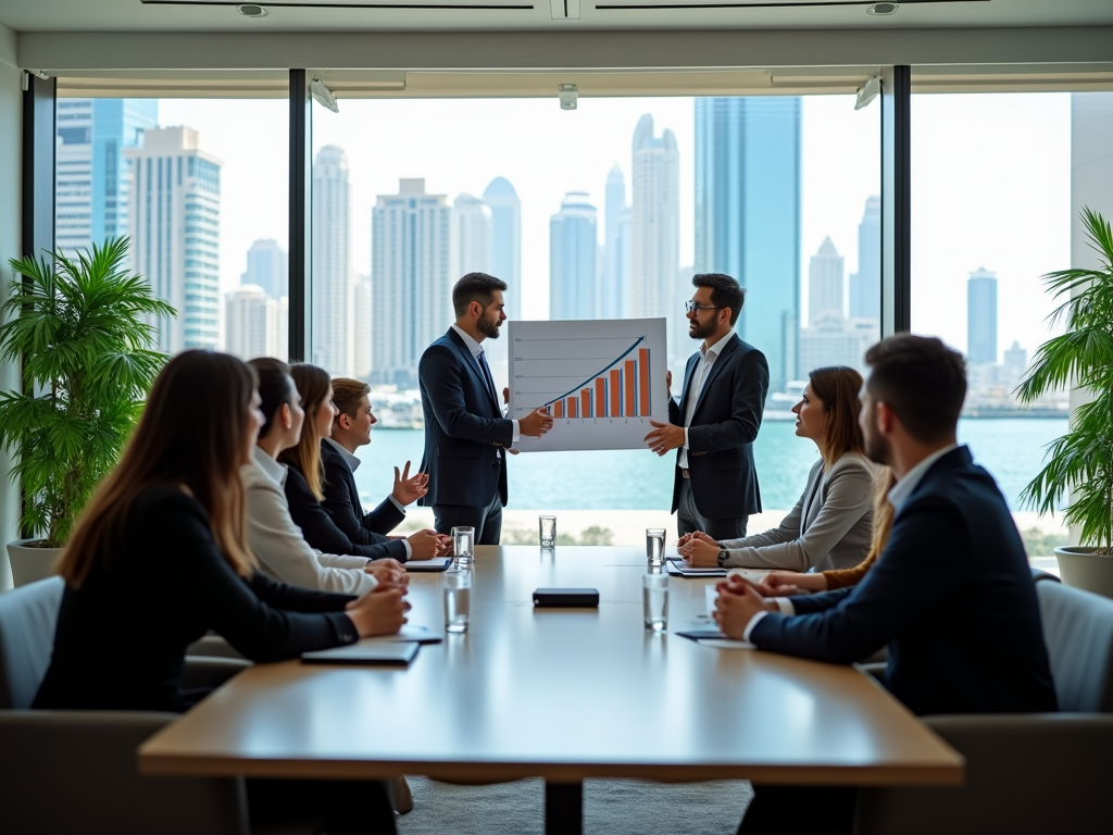 Two men presenting a growth chart in a meeting room overlooking a cityscape, with colleagues watching.