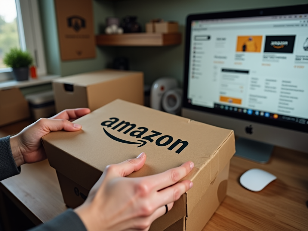 Hands holding an Amazon package with computer screen displaying Amazon website in background.