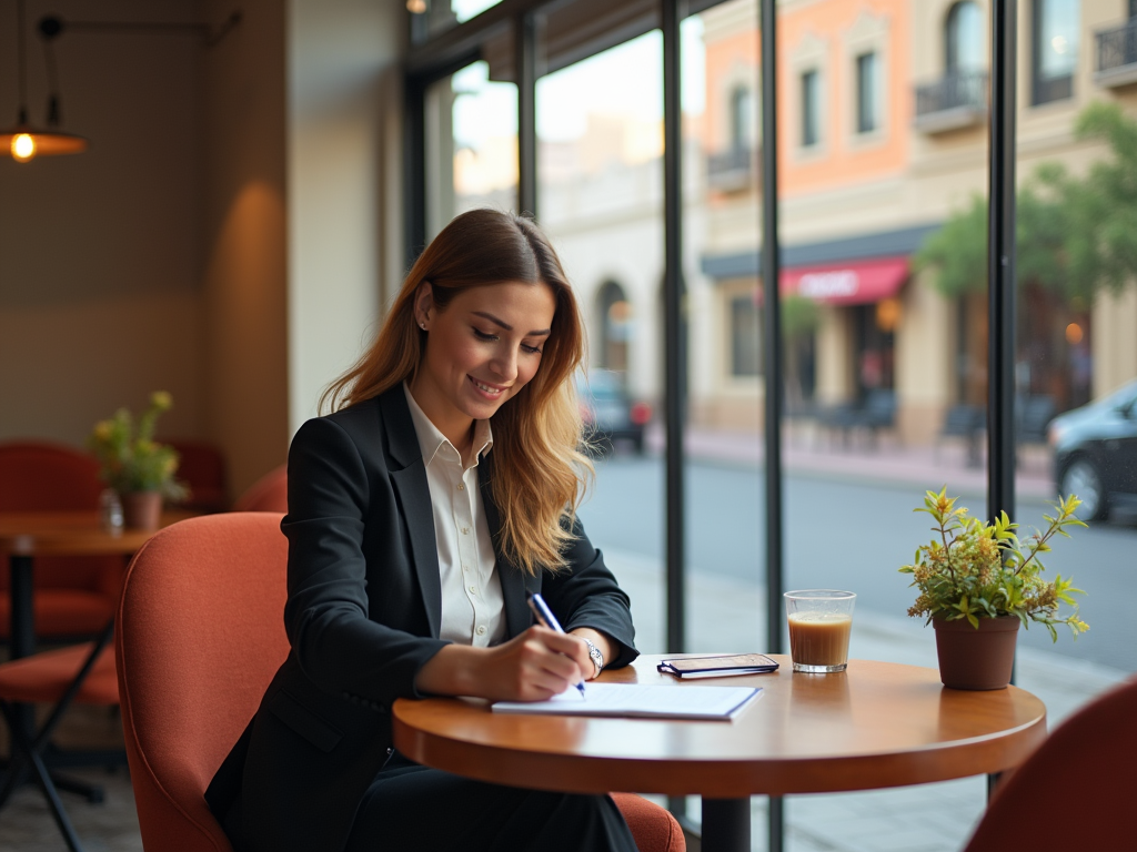 Woman in business attire writing in a notebook at a café table with a coffee and plant beside her.