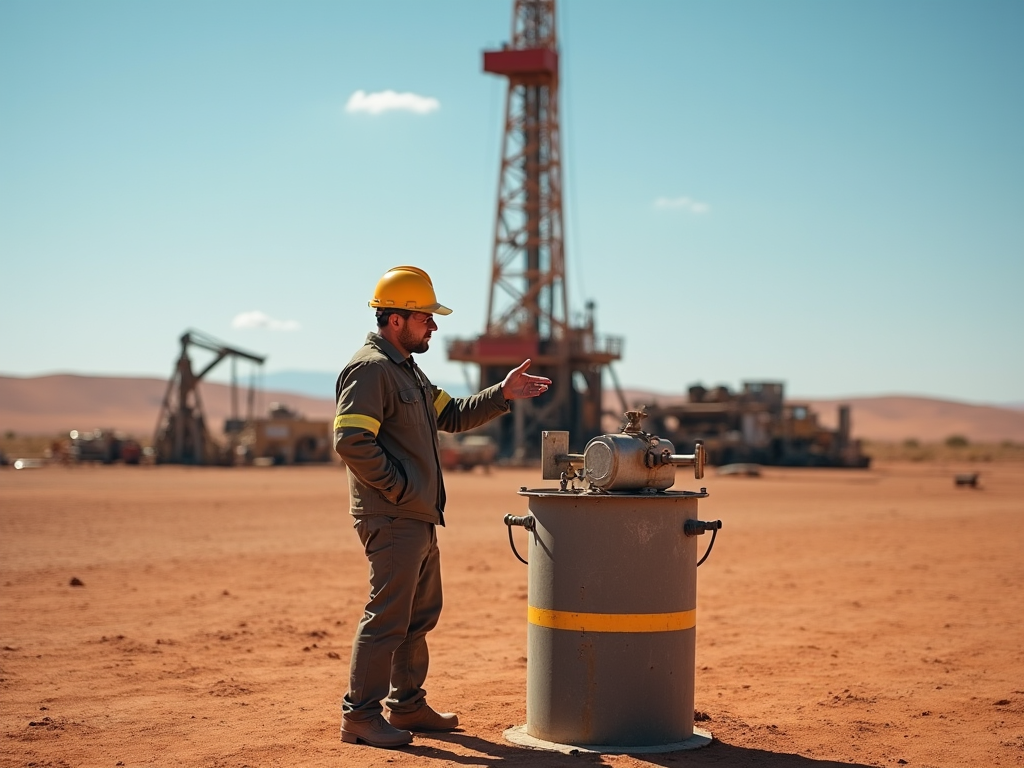 Engineer in hardhat gesturing at equipment near oil rig in desert.