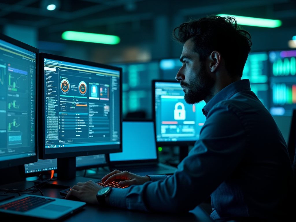 Man in dimly lit office focusing on multiple glowing computer screens displaying data and graphs.