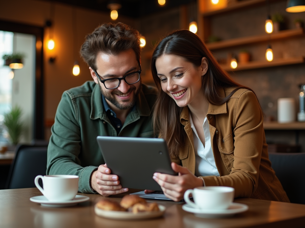 Smiling couple using a tablet in a cozy café, with coffee and pastries on the table.