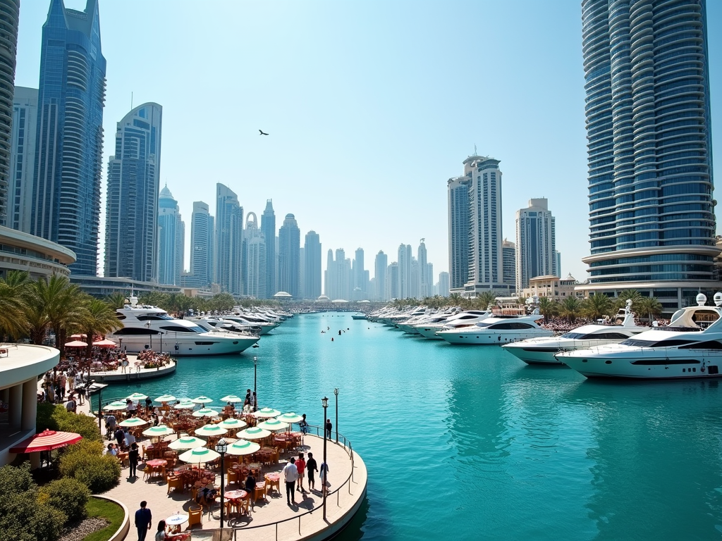 Dubai Marina with luxury yachts, bustling waterfront cafes, and towering skyscrapers under clear blue skies.