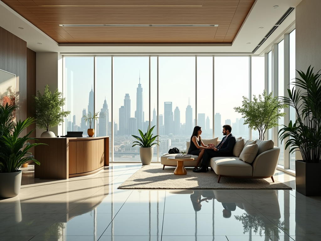 Two people in a conversation in a modern office with large windows overlooking a city skyline.