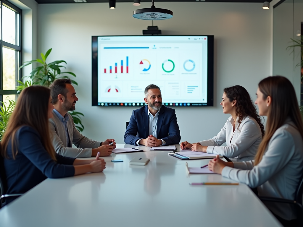 Business colleagues in a meeting, discussing data presented on a screen in a modern office.