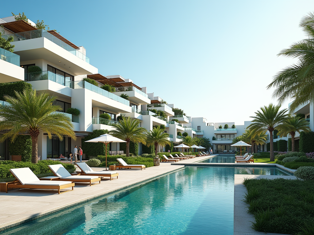 Luxurious resort with a long swimming pool, surrounded by palm trees and modern white buildings.