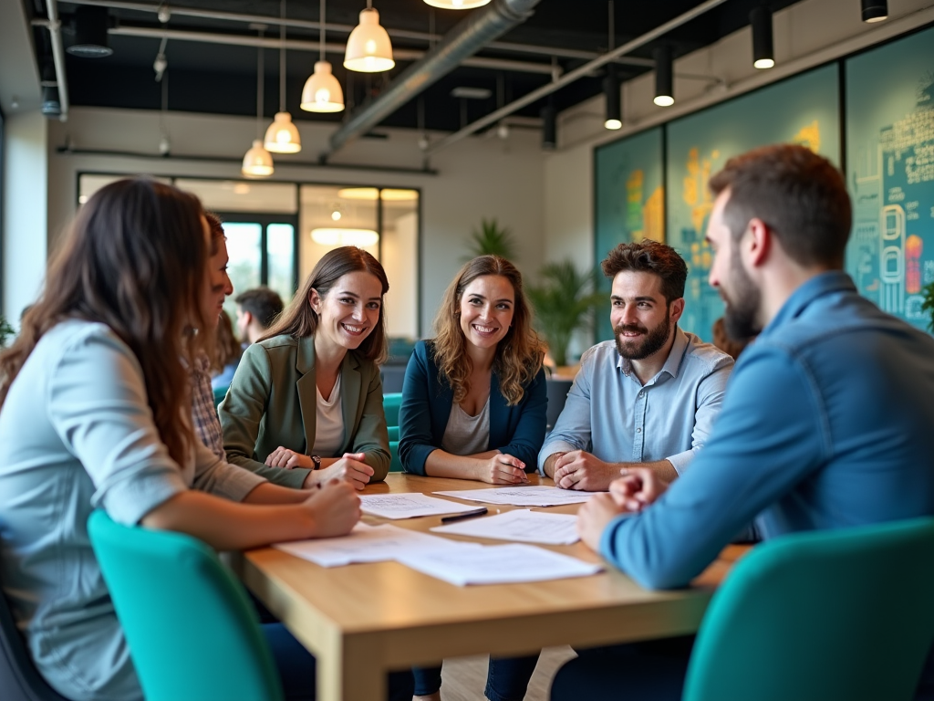 Group of five young professionals smiling and engaging in a discussion around a table in a modern office.