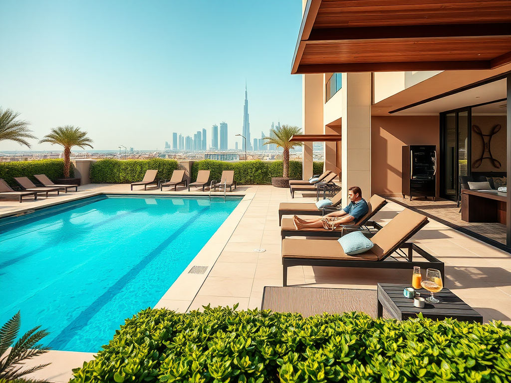 A serene poolside scene with a man relaxing on a lounge chair, overlooking a city skyline on a sunny day.