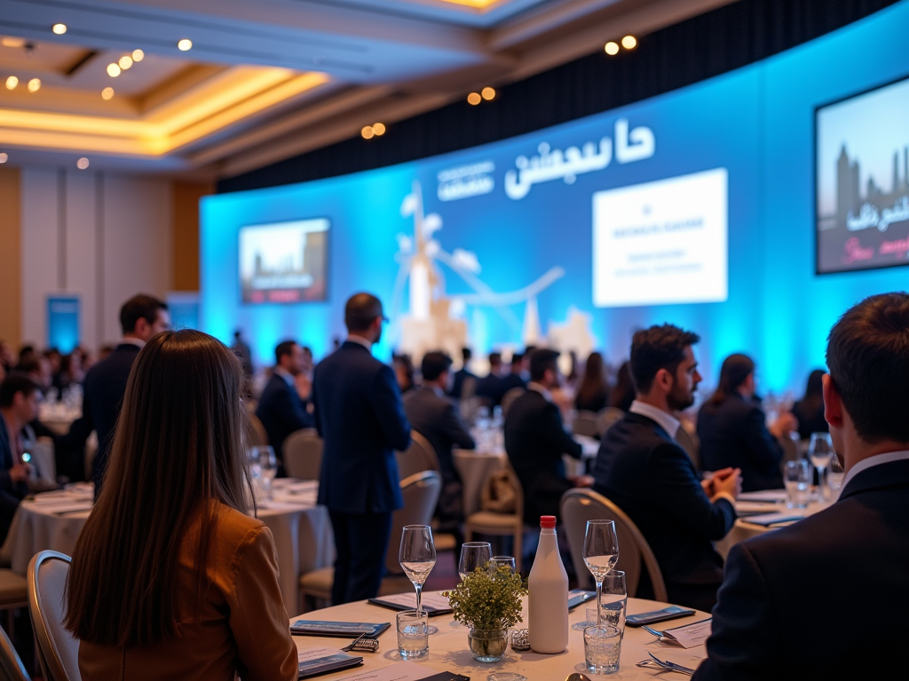 Audience at a business conference with speakers presenting on a stage decorated in blue tones.