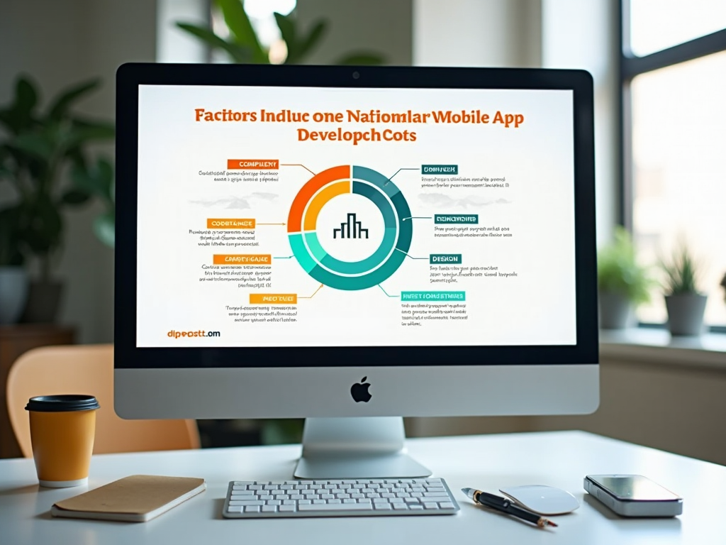 A computer screen displaying a presentation on mobile app development factors, with diagrams and text.