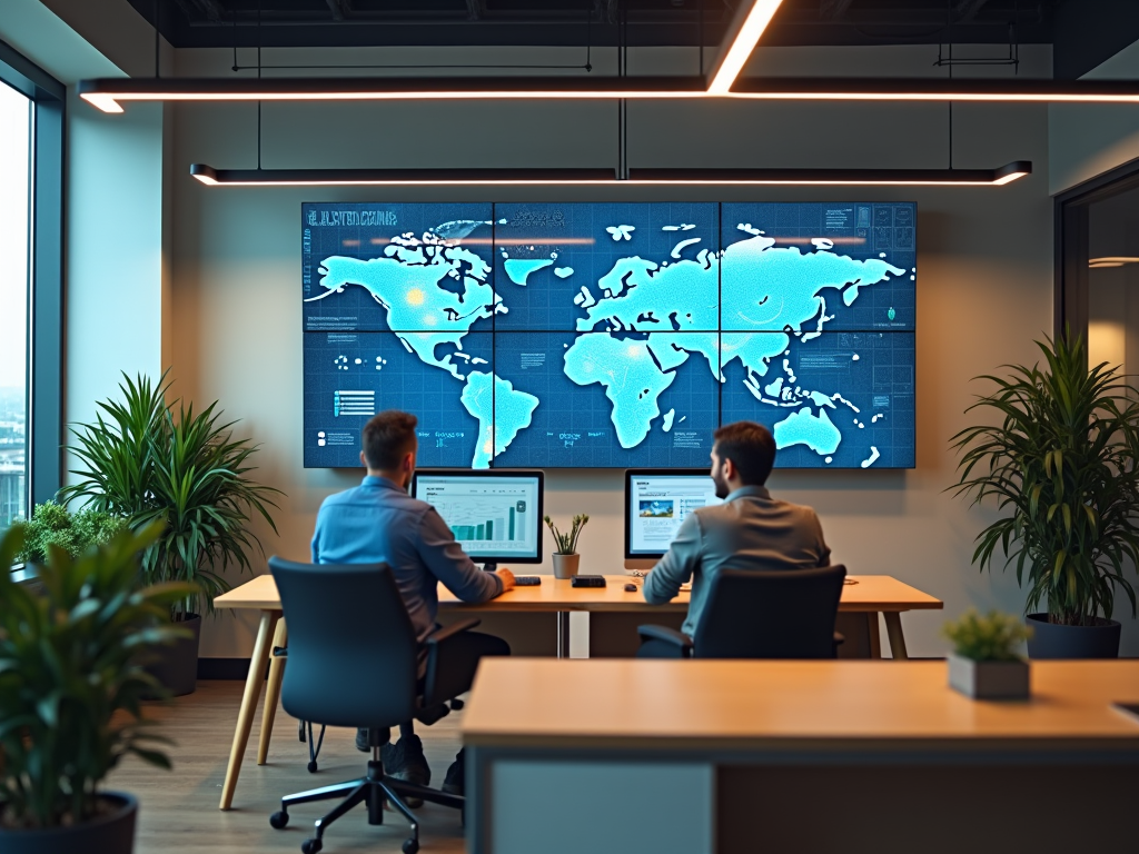 Two professionals working with laptops in a modern office, viewing a large digital world map on screen.