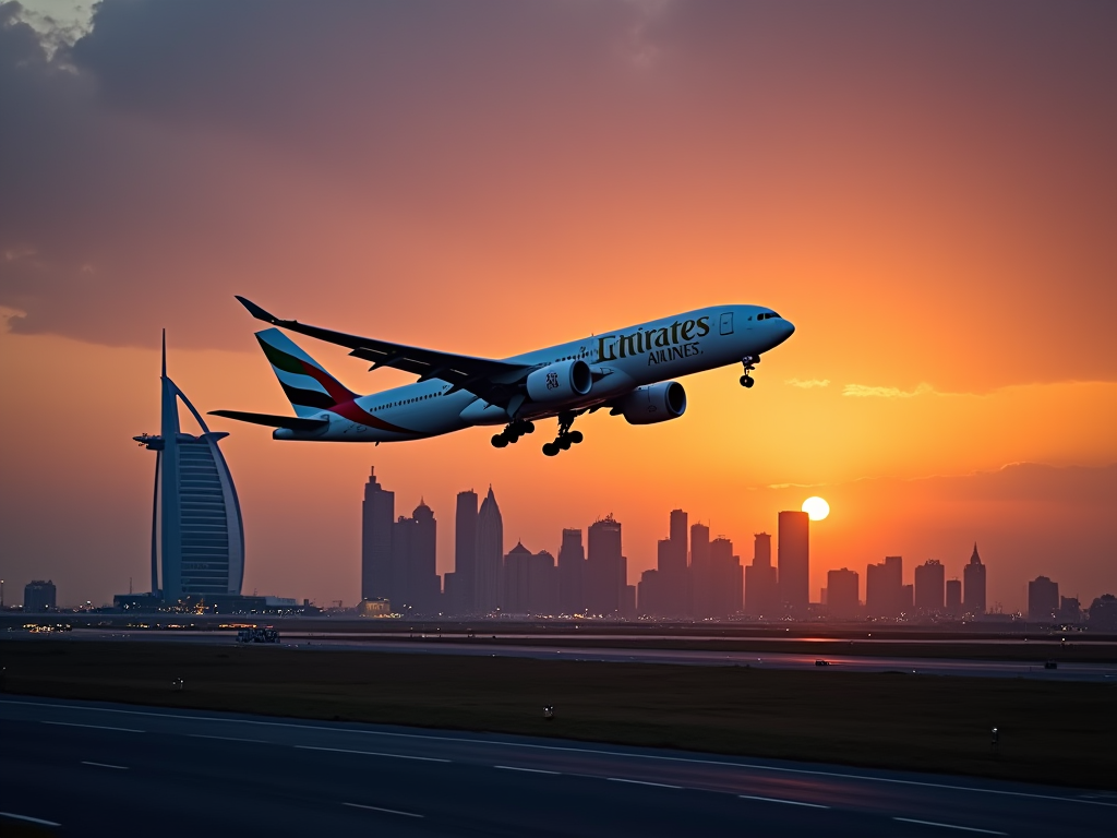 Emirates airplane landing at sunset with Dubai skyline and Burj Al Arab in the background.