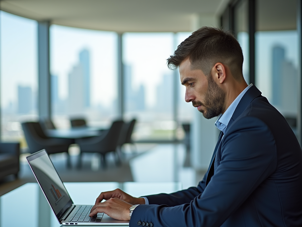 Man in suit working on laptop in modern office with cityscape background.