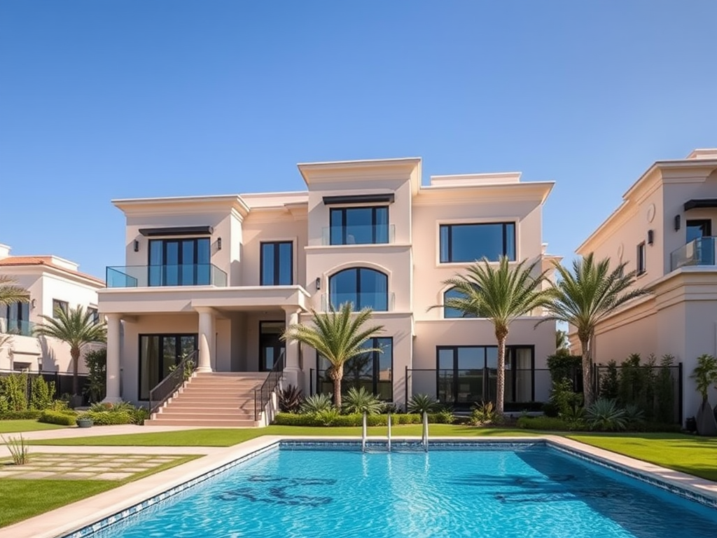 A luxury modern house with palm trees, a pool, and a clear blue sky in the background.