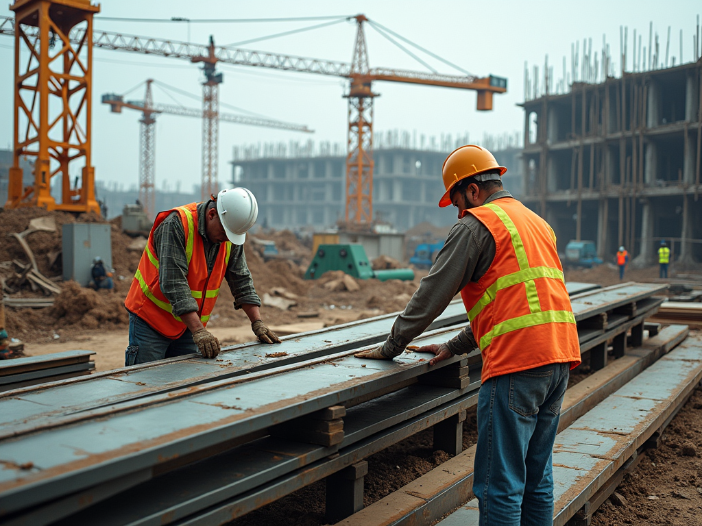 Two construction workers in safety helmets and vests handling steel beams on a construction site.