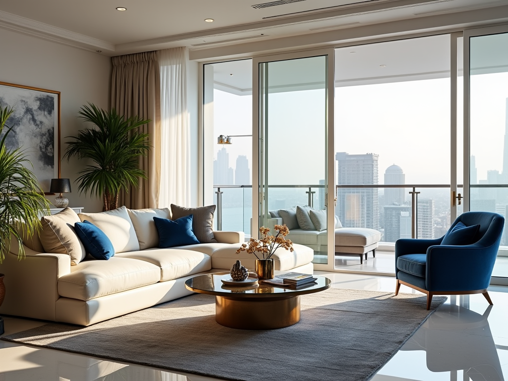 Luxurious living room with large windows overlooking a city skyline, stylish furniture and indoor plants.