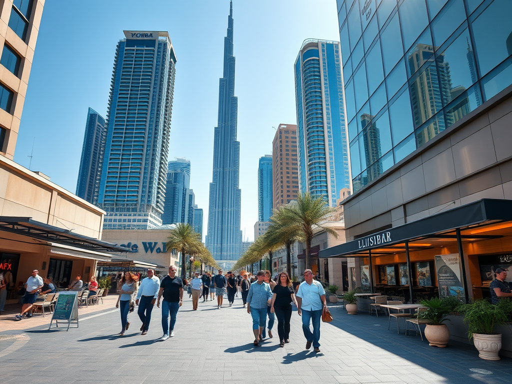 A bustling outdoor shopping area with tall buildings and the Burj Khalifa in the background under a clear blue sky.