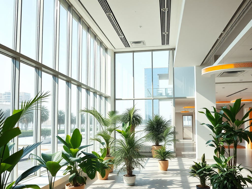 A bright interior space with large windows and various potted plants, creating a welcoming atmosphere.