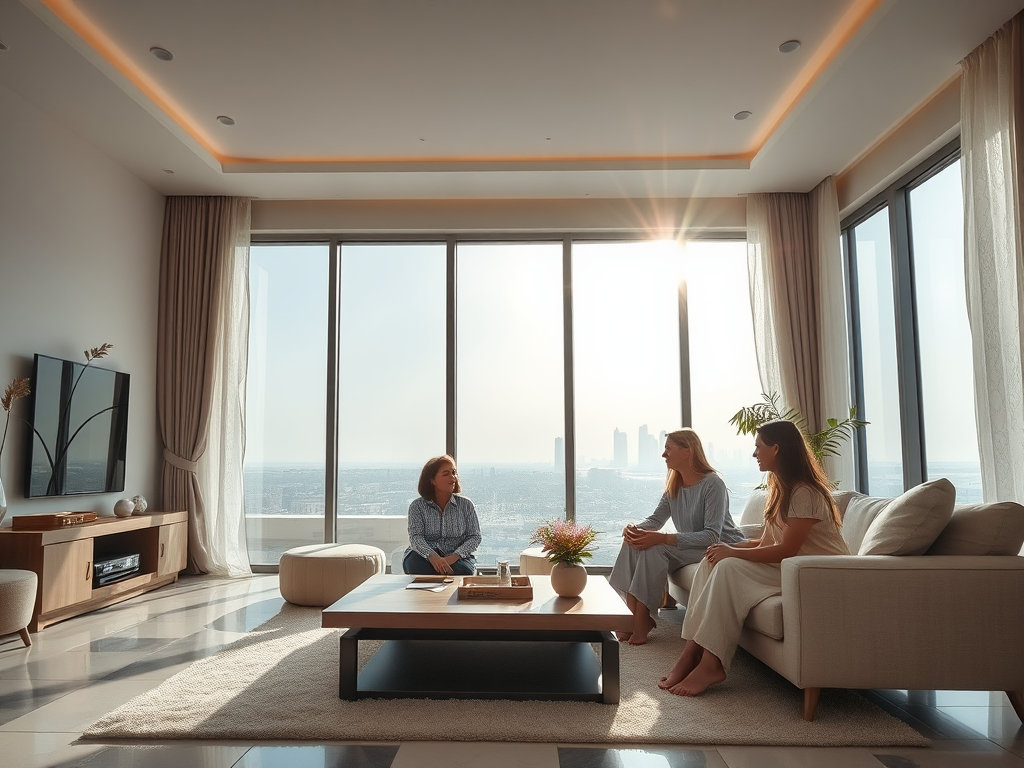 Three women sit in a modern living room, discussing views of a city skyline through large windows.