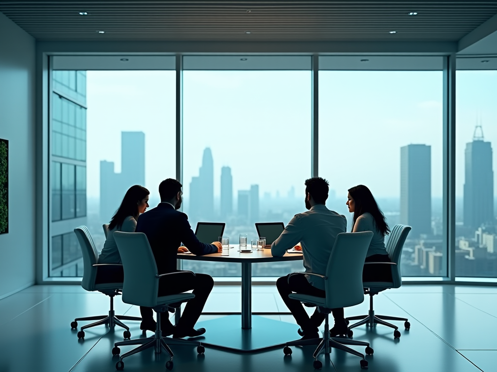 Four business professionals in a meeting, silhouetted against a high-rise cityscape through a glass window.