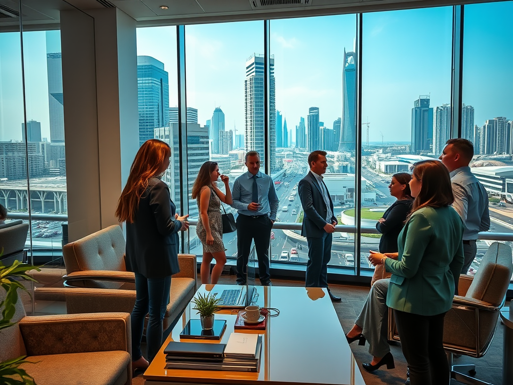 A group of professionals engages in conversation in a modern office with a city skyline view.