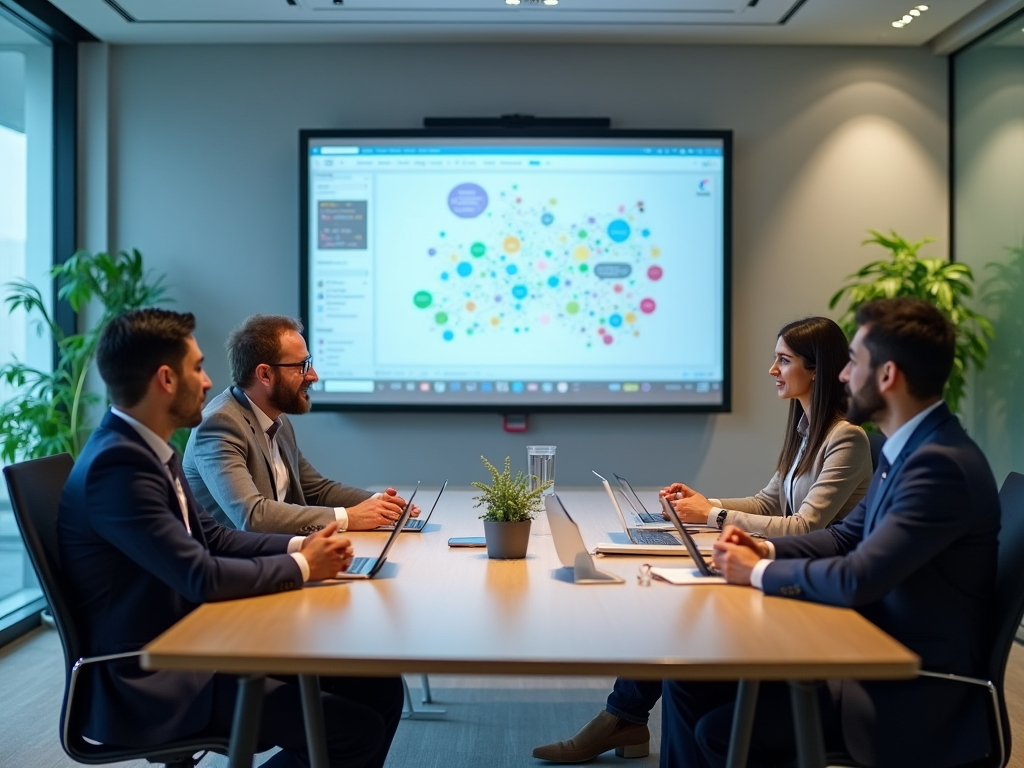 Four business professionals analyzing a colorful data visualization on a large screen in a modern office.