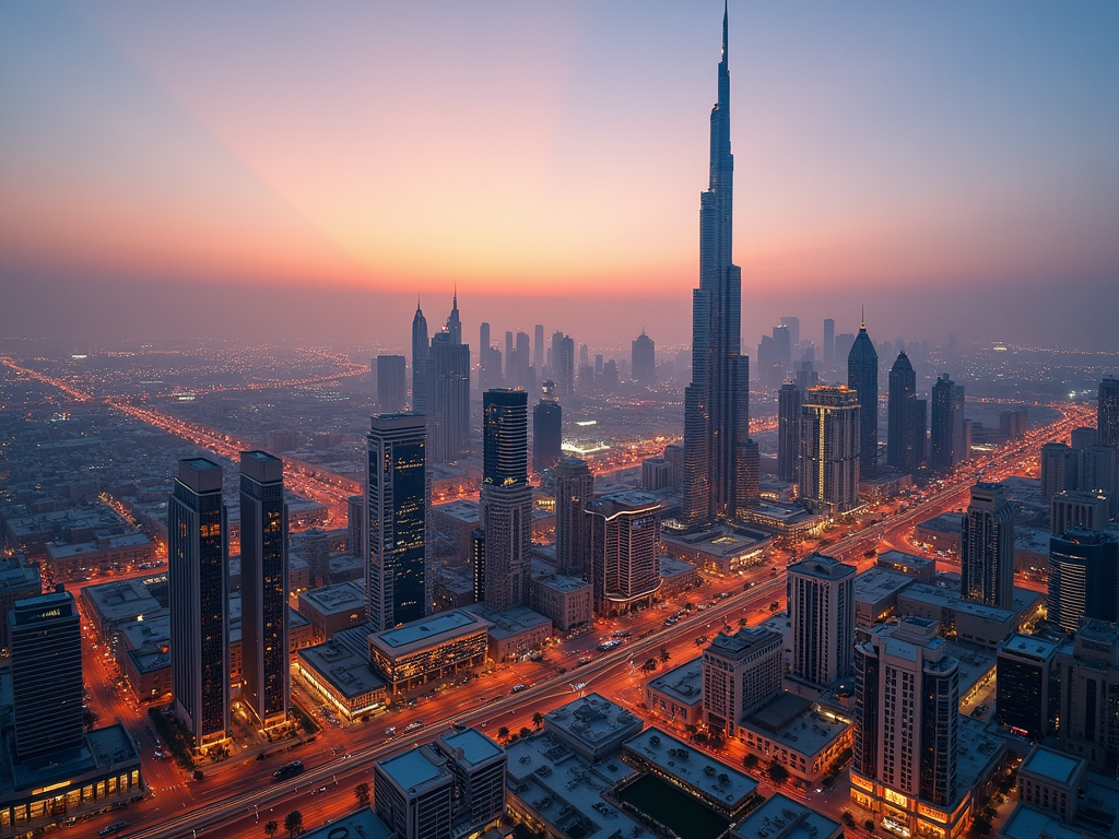 Sunset over a city skyline with tall skyscrapers and illuminated streets.