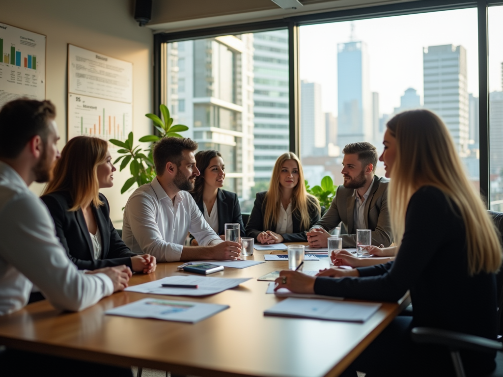 Business professionals in a meeting room discussing, with large windows and city view.