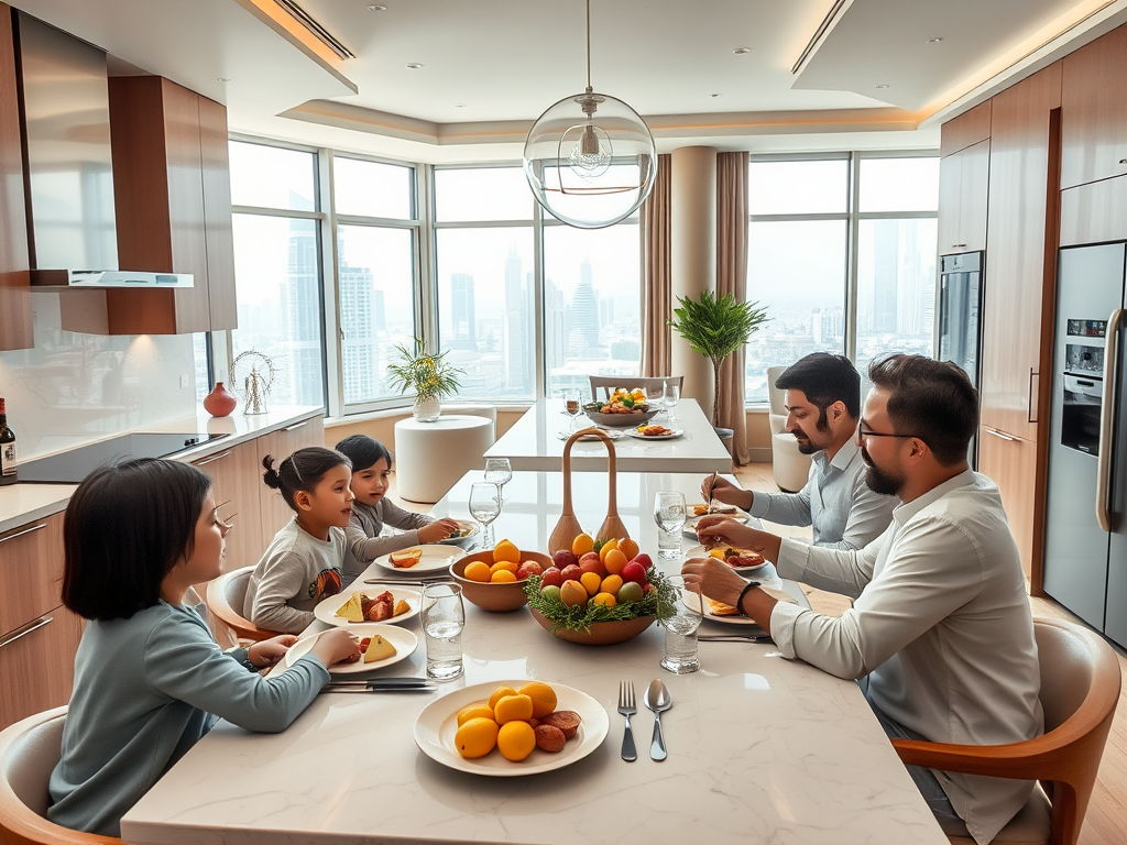 A family enjoys breakfast together in a modern kitchen with a city view, surrounded by fresh fruits and meals.