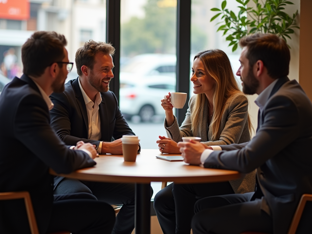 Four business professionals laughing and conversing over coffee in a cafe.