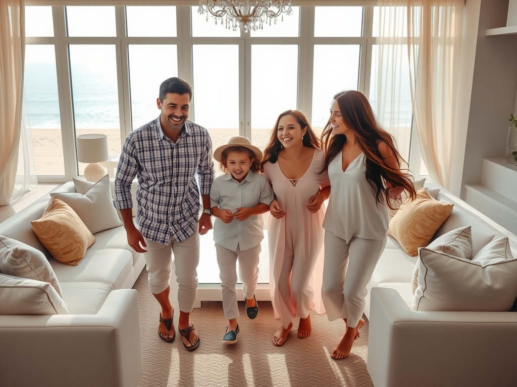 A happy family of four smiles and walks together in a bright, airy beachside living room.