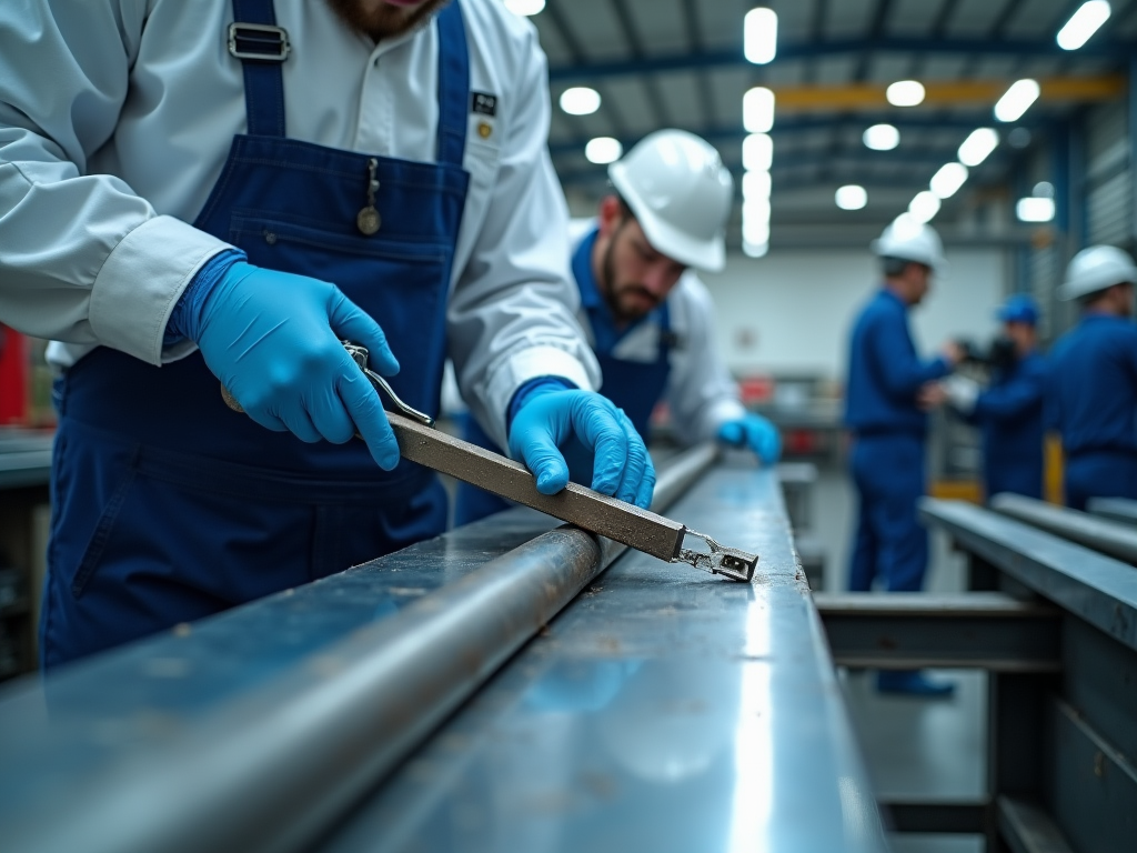 Workers in blue uniforms and helmets using tools in an industrial factory setting.