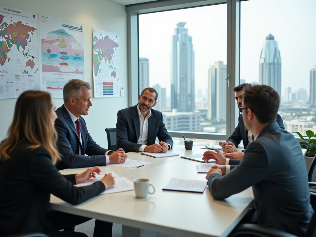 Corporate team discussing around a table in a conference room with city view and maps on the wall.