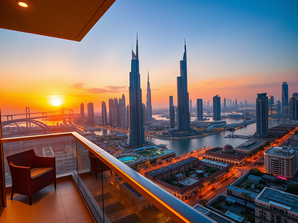 A stunning sunset view over a city skyline, featuring towering skyscrapers and a bridge, from a balcony.