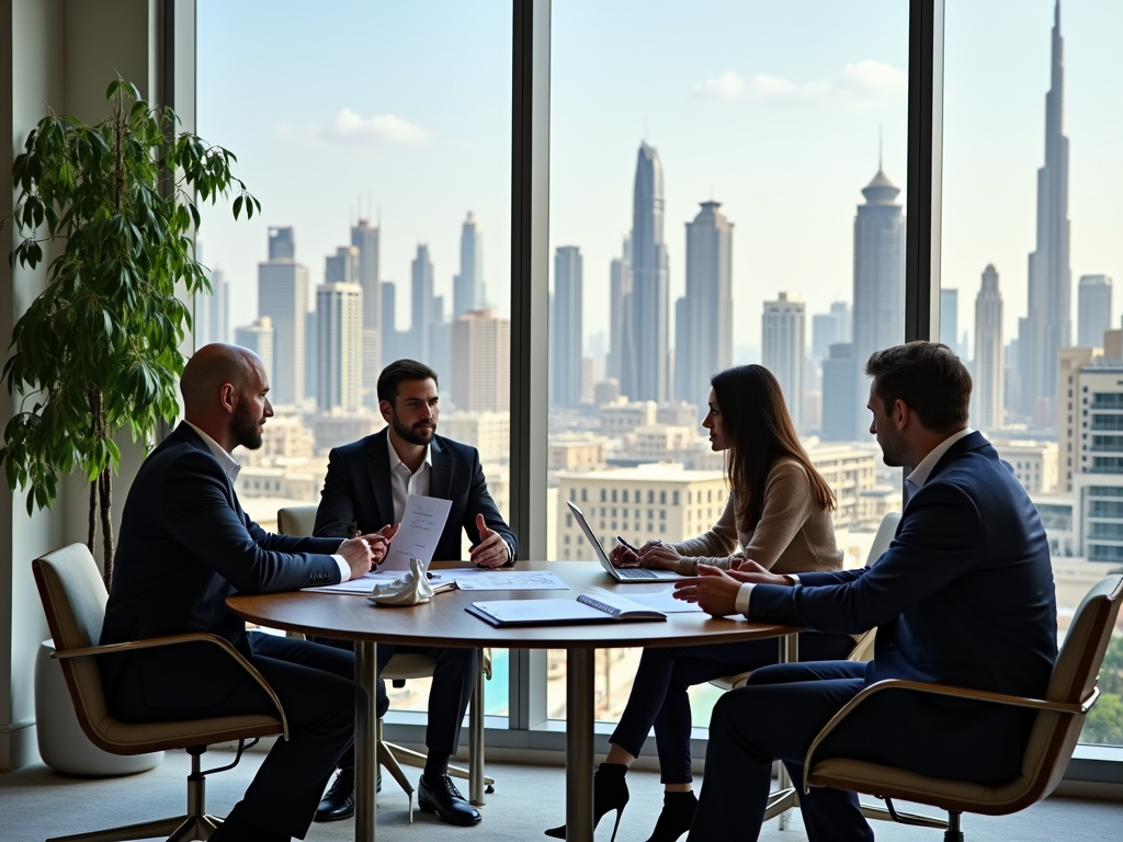 Four business professionals in a meeting in an office with a view of a city skyline.