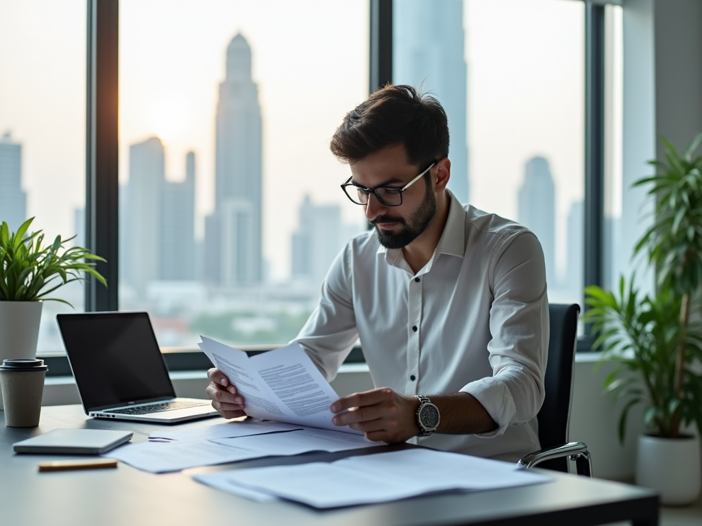 Man reviewing documents in office with city skyline in background.