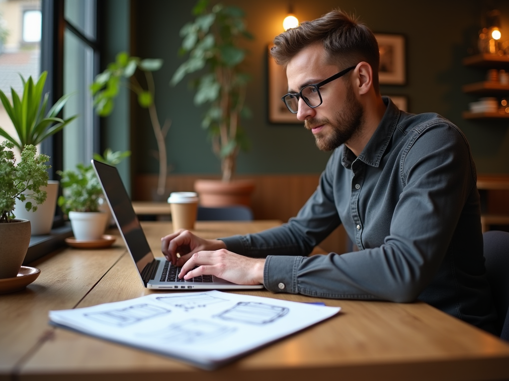 Man in glasses working on laptop in cozy cafe with blueprints on table.