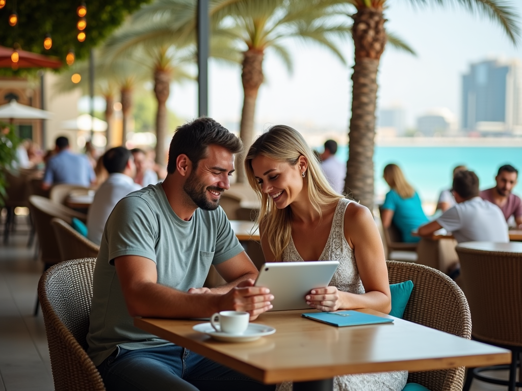 A couple enjoys digital content on a tablet at a lively outdoor cafe by the water.