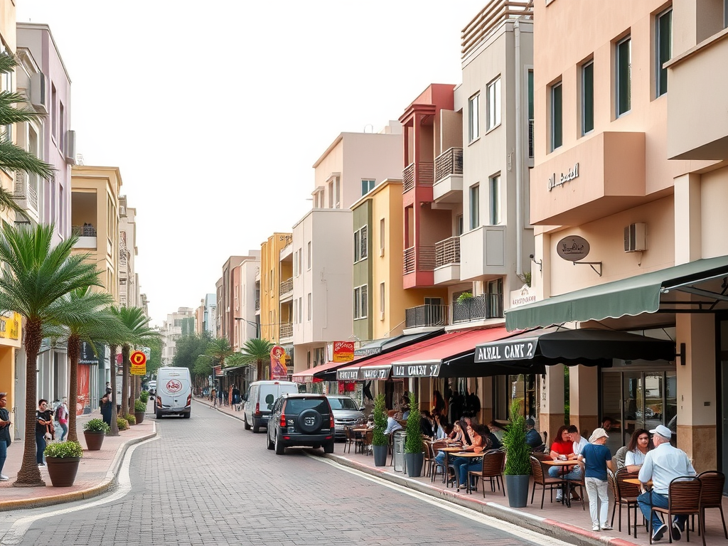 A vibrant street lined with cafes, palm trees, and colorful buildings, with diners enjoying outdoor seating.