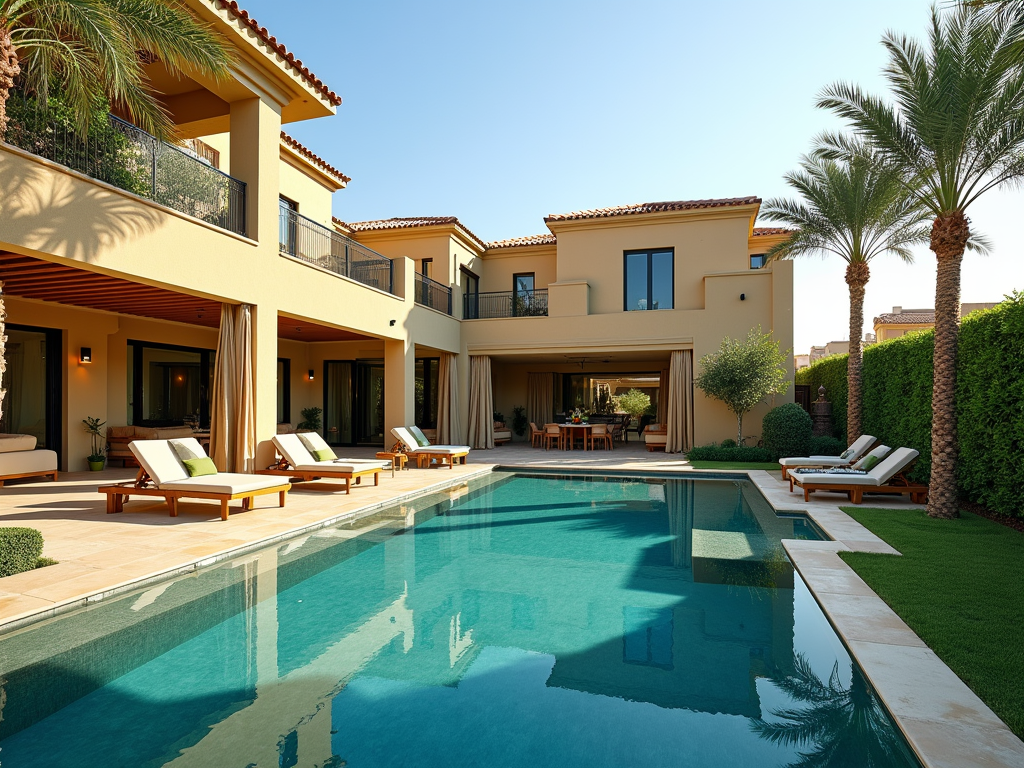 Luxurious mansion with pool and loungers, surrounded by palm trees and greenery under a clear sky.