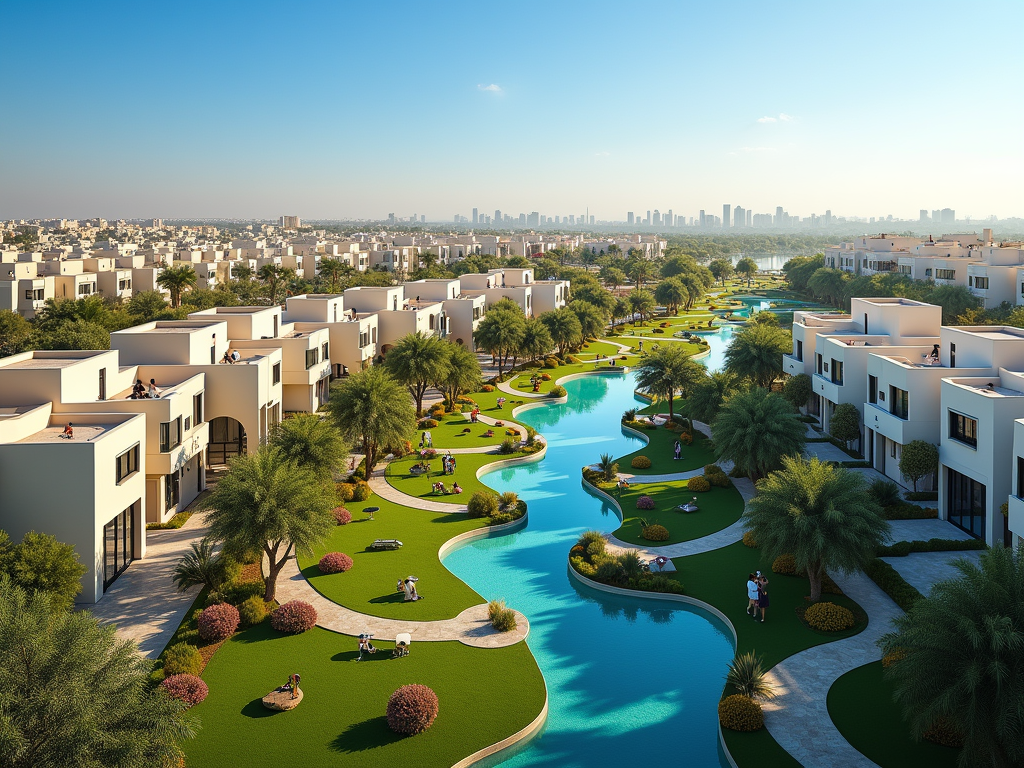 Luxurious residential community with modern white houses, verdant gardens, winding blue pools, and people enjoying the outdoors.