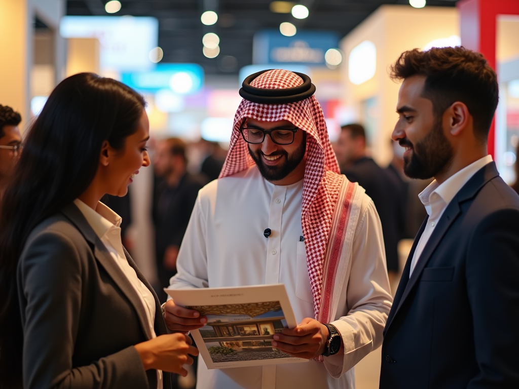 Two men and a woman discussing over a document at a business expo.